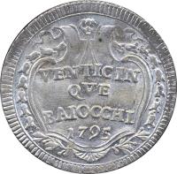 reverse of 25 Baiocchi - Pius VI (1795 - 1796) coin with KM# 1238 from Italian States. Inscription: VENTICIN QVE BAIOCCHI 1795