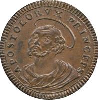 obverse of 2 1/2 Baiocchi - Pius VI (1795) coin with KM# 1237 from Italian States. Inscription: APOSTOLORVM PRINCEPS