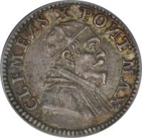 obverse of 1 Grosso - Clement X (1675) coin with KM# 359 from Italian States. Inscription: CLEMENS X PONT MAX