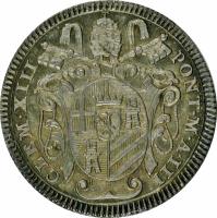 obverse of 1 Giulio - Clement XIII (1761) coin with KM# 1000 from Italian States. Inscription: CLEM.XIII PONT.M.A.III