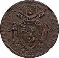 Italian States coin 1 Baiocco - Pius VIII (1829) obverse obverse of 1 Baiocco - Pius VIII (1829) coin with KM# 1301 from Italian States. Inscription: PIVS.VIII.PONT.MAX.ANNO.I. G. C: R