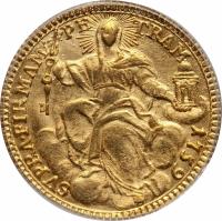 Italian States coin 1 Zecchino - Clement XIII (1758 - 1769) reverse reverse of 1 Zecchino - Clement XIII (1758 - 1769) coin with KM# 984 from Italian States. Inscription: SVPRA.FIRMAM PE TRAM 1759