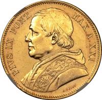 obverse of 100 Lire - Pius IX (1866 - 1869) coin with KM# 1383 from Italian States. Inscription: PIVS IX PONT. MAX.A. XXI G. VOIGT