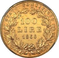 reverse of 100 Lire - Pius IX (1866 - 1869) coin with KM# 1383 from Italian States. Inscription: STATO PONTIFICIO 100 LIRE 1866 R
