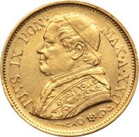 obverse of 10 Lire - Pius IX (1866 - 1869) coin with KM# 1381 from Italian States. Inscription: PIVS IX PON. MAX.A.XXII