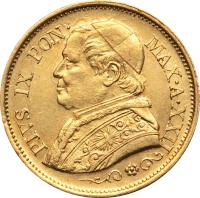 Italian States coin 10 Lire - Pius IX (1866 - 1869) obverse obverse of 10 Lire - Pius IX (1866 - 1869) coin with KM# 1381 from Italian States. Inscription: PIVS IX PON. MAX.A.XXII