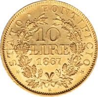 reverse of 10 Lire - Pius IX (1866 - 1869) coin with KM# 1381 from Italian States. Inscription: * STATO * PONTIFICIO * 10 Lire 1867