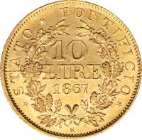 Italian States coin 10 Lire - Pius IX (1866 - 1869) reverse reverse of 10 Lire - Pius IX (1866 - 1869) coin with KM# 1381 from Italian States. Inscription: * STATO * PONTIFICIO * 10 Lire 1867