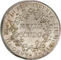 Italian States coin 1/2 Scudo (1798) reverse reverse of 1/2 Scudo (1798) coin with C# 2 from Italian States. Inscription: ANNO · VII · REP · I · DELLA · LIBERTÀ · PIEMONTESE MEZZO SCUDO