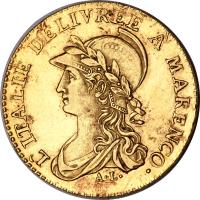 Italian States coin 20 Francs (1800 - 1801) obverse obverse of 20 Francs (1800 - 1801) coin with C# 5 from Italian States. Inscription: L'ITALIE DELIVREE A MARENCO