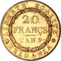 Italian States coin 20 Francs (1800 - 1801) reverse reverse of 20 Francs (1800 - 1801) coin with C# 5 from Italian States. Inscription: LIBERTE EGALITE ERIDANIA 20 FRANCS L'AN 9