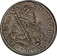 Italian States coin 1 Tallero - Ferdinand I (1595 - 1608) obverse obverse of 1 Tallero - Ferdinand I (1595 - 1608) coin with KM# 15 from Italian States. Inscription: FERDINANDVS · MED · MAG · ETR · DVX · III
