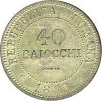 Italian States coin 40 Baiocchi (1849) reverse reverse of 40 Baiocchi (1849) coin with KM# 27 from Italian States. Inscription: REPUBBLICA ROMANA 40 BAIOCCHI * 1849 *