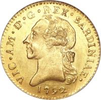 obverse of 1 Doppia - Vittorio Amedeo III (1786 - 1796) coin with KM# 86 from Italian States. Inscription: VIC AM D G REX SARDINIAE 1792
