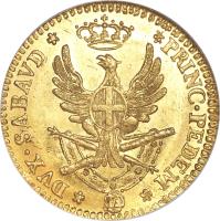 Italian States coin 1 Doppia - Vittorio Amedeo III (1786 - 1796) reverse reverse of 1 Doppia - Vittorio Amedeo III (1786 - 1796) coin with KM# 86 from Italian States. Inscription: DVX SABAVD PRINC PEDEM