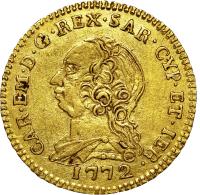 obverse of 1/2 Doppia - Carlo Emanuele III (1755 - 1772) coin with KM# 50 from Italian States. Inscription: CAR.EM.D.G.REX.SAR.CYP.ET.IER 1772