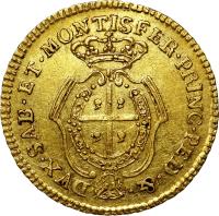 reverse of 1/2 Doppia - Carlo Emanuele III (1755 - 1772) coin with KM# 50 from Italian States. Inscription: DVX.SAB.ET.MONTISFER.PRINC.PED.&.