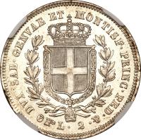 reverse of 2 Lire - Carlo Alberto (1832 - 1849) coin with KM# 135 from Italian States. Inscription: DVX SAB. GENVAE ET MONTISF. PRINC. PED. &.