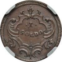 reverse of 1 Soldo - Carlo VI (1739) coin with KM# 2 from Italian States. Inscription: .1. SOLDO