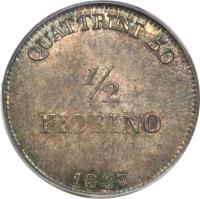 reverse of 1/2 Fiorino - Leopold II (1827) coin with C# 71 from Italian States. Inscription: QUATTRINI 50 ½ FIORINO 1827