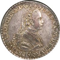 obverse of 1 Francescone - Pietro Leopoldo (1765 - 1766) coin with C# 21 from Italian States. Inscription: PETRUS · LEOPOLDVS · D · G · P · R · H · ET · B · A · A · M · D · ETRVR ·