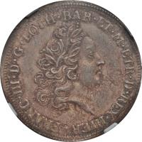 obverse of 1 Paolo - Francesco III (1738) coin with C# 4 from Italian States. Inscription: FRANC.III.D.G.LOTH.BAR.ET.M.ETR.D.REX.HIER