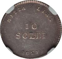 Italian States coin 10 Soldi - Ferdinando III (1821 - 1823) reverse reverse of 10 Soldi - Ferdinando III (1821 - 1823) coin with C# 56 from Italian States. Inscription: MEZZA LIRA 10 SOLDI 1821