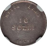 reverse of 10 Soldi - Ferdinando III (1821 - 1823) coin with C# 56 from Italian States. Inscription: MEZZA LIRA 10 SOLDI 1821