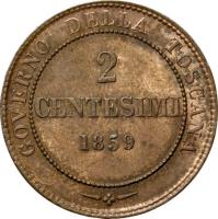 Italian States coin 2 Centesimi - Provisional Government (1859) reverse reverse of 2 Centesimi - Provisional Government (1859) coin with C# 82 from Italian States. Inscription: GOVERNO DELLA TOSCANA -*- 2 CENTESIMI 1859