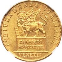 Italian States coin 20 Lire (1848) obverse obverse of 20 Lire (1848) coin with KM# 806 from Italian States. Inscription: INDIPENDENZA - ITALIANA XI AGOSTO MDCCCXLVIII