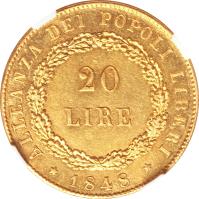 Italian States coin 20 Lire (1848) reverse reverse of 20 Lire (1848) coin with KM# 806 from Italian States. Inscription: ALLEANZA DEI POPOLI LIBERI 20 LIRE
