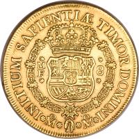 Mexico coin 8 Escudos - Felipe V (1732 - 1747) reverse reverse of 8 Escudos - Felipe V (1732 - 1747) coin with KM# 148 from Mexico. Inscription: 8 MF Mo Mo INITIUM SAPINTIAE TIMOR DOMINI