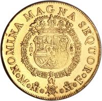 Mexico coin 8 Escudos - Fernando VI (1748 - 1751) reverse reverse of 8 Escudos - Fernando VI (1748 - 1751) coin with KM# 150 from Mexico.