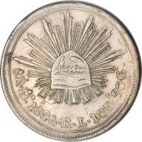 reverse of 8 Reales (1824) coin with KM# 376 from Mexico.