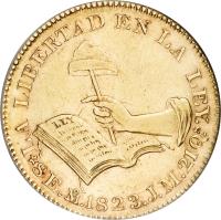 reverse of 8 Escudos (1823) coin with KM# 382 from Mexico. Inscription: LA LIBERTAD EN LA LEY. 8E.Mo.1823.J.M.21Qs.