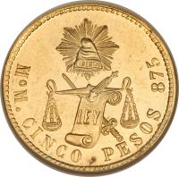 reverse of 5 Pesos (1870 - 1905) coin with KM# 412 from Mexico.