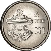 Mexico coin 1 Peso (1986) reverse reverse of 1 Peso (1986) coin with KM# Pn235 from Mexico. Inscription: Mo 1986 SUD $1