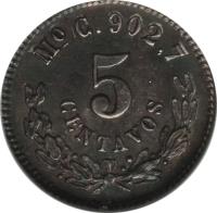 reverse of 5 Centavos (1868) coin with KM# Pn108 from Mexico. Inscription: Mo C. 902.7 5 CENTAVOS