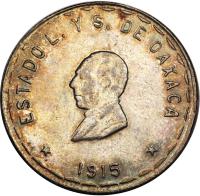 Mexico coin 5 Pesos - Provisional Government (1915) obverse obverse of 5 Pesos - Provisional Government (1915) coin with KM# 751 from Mexico. Inscription: ESTADO L. Y S. DE OAXACA 1915