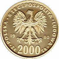 obverse of 2000 Złotych - Winter Olympics (1980) coin with Y# 111 from Poland. Inscription: POLSKA RZECZPOSPOLITA LUDOWA 1980 ZŁ 2000 ZŁ