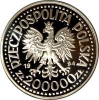 Poland coin 200000 Złotych - Polish Soldiers WW II Monte Cassino (1994) obverse obverse of 200000 Złotych - Polish Soldiers WW II Monte Cassino (1994) coin with Y# 262 from Poland. Inscription: RZECZYPOSPOLITA POLSKA 1994 200 000