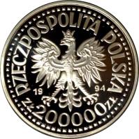 obverse of 200000 Złotych - Polish Soldiers WW II Monte Cassino (1994) coin with Y# 262 from Poland. Inscription: RZECZYPOSPOLITA POLSKA 1994 200 000