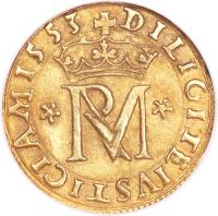 Scotland coin 22 Shillings - Mary I (1553) reverse reverse of 22 Shillings - Mary I (1553) coin with SP# 5396 from Scotland. Inscription: DILIGETEIVSTICIAM 1553 MR