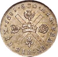 Scotland coin 1/4 Merk - Charles II (1677 - 1681) reverse reverse of 1/4 Merk - Charles II (1677 - 1681) coin with SP# 5624 from Scotland. Inscription: SCO · ANG · FRA · ET · HIB · REX · 1681