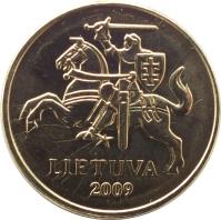 obverse of 20 Centų (1997 - 2014) coin with KM# 107 from Lithuania. Inscription: LIETUVA 2009