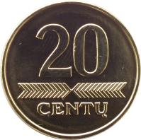 Lithuania coin 20 Centų (1997 - 2014) reverse reverse of 20 Centų (1997 - 2014) coin with KM# 107 from Lithuania. Inscription: 20 CENTŲ
