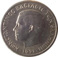obverse of 50 Lepta - Constantin II - National Revolution (1971 - 1973) coin with KM# 97 from Greece. Inscription: ΚΩΝΣΤΑΝΤΙΝΟΣ ΒΑΣΙΛΕΥΣ ΤΩΝ ΕΛΛΗΝΩΝ · 1971 ·