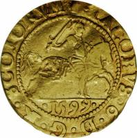 Scotland coin 1/2 Rider - James VI (1593 - 1601) obverse obverse of 1/2 Rider - James VI (1593 - 1601) coin with SP# 5459 from Scotland. Inscription: · IACOBVS · 6 · D · G · R · SCOTORVM · · 1599 ·