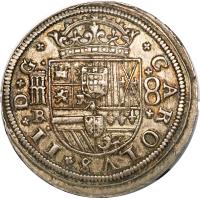 Spain coin 8 Reales - Carlos II (1679 - 1685) obverse obverse of 8 Reales - Carlos II (1679 - 1685) coin with KM# 191 from Spain. Inscription: CAROLVS II D G R 8