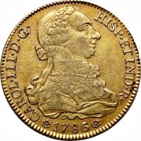 obverse of 8 Escudos - Carlos III (1786 - 1788) coin with KM# 409a from Spain. Inscription: CAROL · III · D · G · HISP · ET IND · R · · 1787 ·